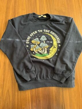 Wound Up BlueCrewneck Sweatshirt with Yellow Moon & Blue Mushroom Graphic